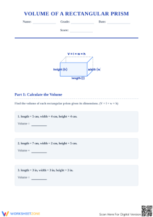Printable Volume of a Rectangular Prism Worksheet | Grade 7