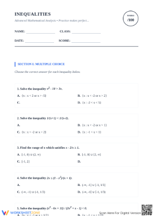 Essential Solving Inequalities Worksheet | Grade 9-10 Algebra
