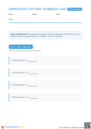 Printable Opposite Integers Worksheet | Grade 6 Math