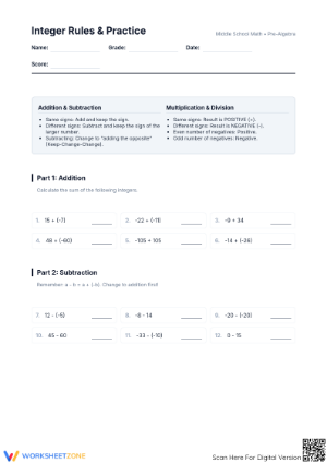 Printable Integer Rules Worksheet | Grade 7 Math Guide