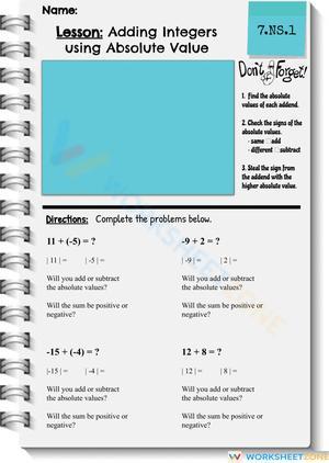 Adding Integers with Absolute Value