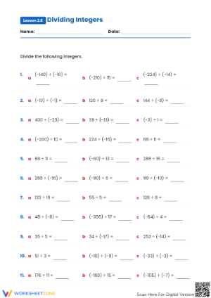 Printable Dividing Integers Worksheet | Grade 7 Math