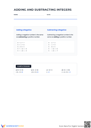 Addition and Subtraction Integers Worksheet | Grade 8 Ready