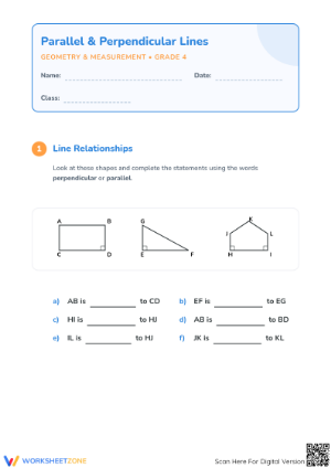 Parallel & Perpendicular Lines Aligned Worksheet | Grade 4