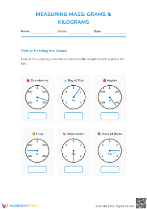 Mass in Grams & Kilograms Worksheet | Grade 4 Printable