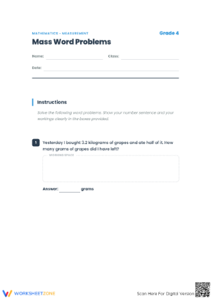 Printable Mass Word Problems Worksheet | Grade 3 Math