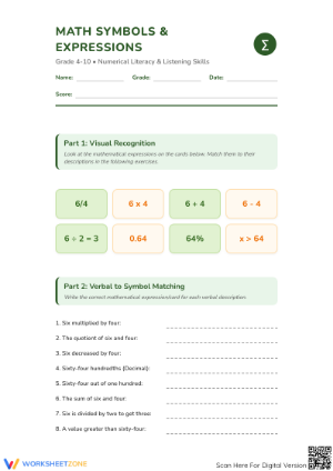 Grade 5 Math Symbols — Printable No-Prep Worksheet