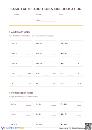 Printable Grade 3 Math Facts Worksheet: Add & Multiply