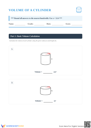Printable Volume of a Cylinder Worksheet | Grade 7 Math