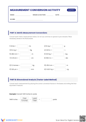 Printable Conversion of Measure Worksheet | Grade 7 Math