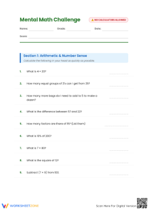Grade 6 Mental Math — Printable No-Prep Worksheet
