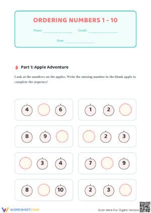 Printable Ordering Numbers 1-10 Worksheet | Kindergarten