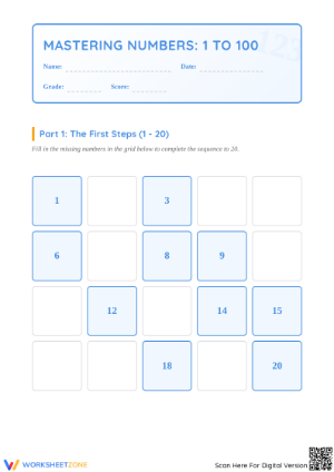 Printable Missing Numbers to 20 Worksheet | Grade 1 Math