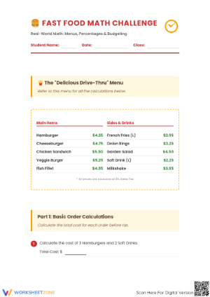 Printable Fast Food Math 2 Worksheet | Grades 5-8 Ready