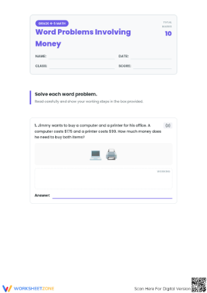 Essential Money Word Problems Worksheet | Grade 4 Math