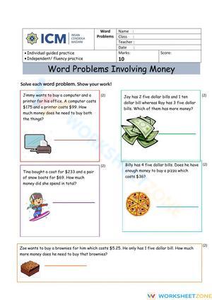Solving word problems involving money