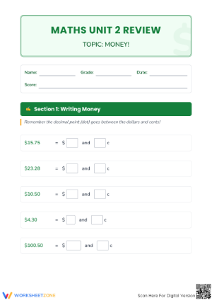 Printable Money Review Worksheet | Grade 2-4 Math