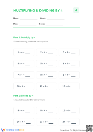 Grade 3 Multiply & Divide by 4 | Printable Worksheet