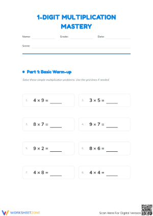 Printable 1 Digit Multiplication Worksheet | Grade 4 Math