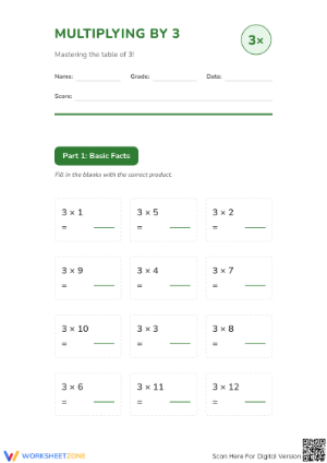 Grade 3 Multiply by 3 — Essential No-Prep Worksheet