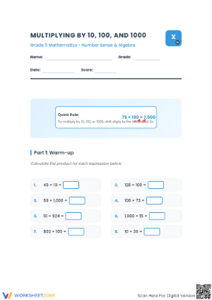 Printable Multiplying by 10, 100, 1000 Worksheet | Grade 5