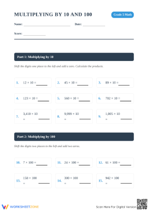 Essential Multiplying by 10 and 100 Worksheet | Grade 4