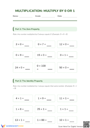 Multiply by 0 or 1 Worksheet | Grade 2-3 Printable