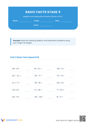 Printable Stage 5 Addition and Subtraction Facts Worksheet