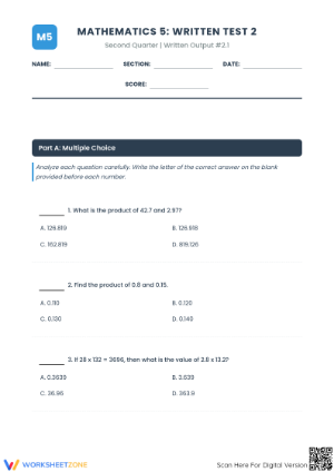CCSS.MATH.CONTENT.5.NBT.B.7 Worksheet: Grade 5 Aligned Test