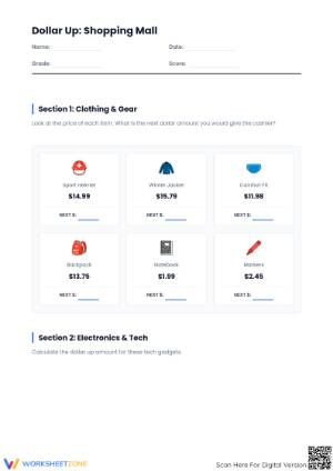 Printable Next Dollar Up Worksheet | Grade 4-7 Math