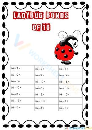 Subtraction Number Bonds of 16 Worksheet