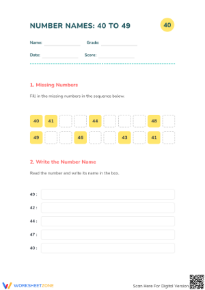 Number Names 40-49 Printable Essential Math Worksheet