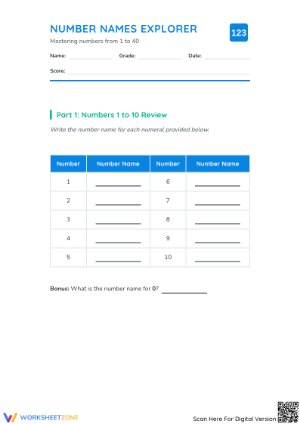 Printable Numbers 1-40 Worksheet: Essential Number Names