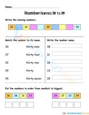 Number Names 30-39 Practice Sheet