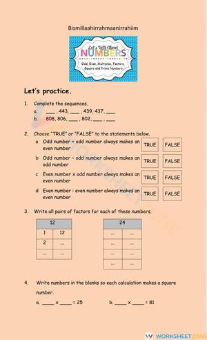 Odd Even Factors Multiple Square and Prime Number