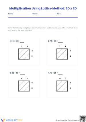 Printable Lattice Multiplication Worksheet | 2D x 2D Grade 5
