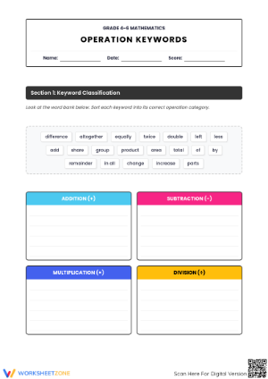 Printable Operation Keywords Math Sort | Grade 5 Aligned