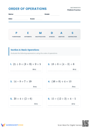 Printable PEMDAS Order of Operations Worksheet | Grade 5-9