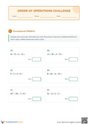Essential Order of Operations PEMDAS Worksheet | Grade 6-7