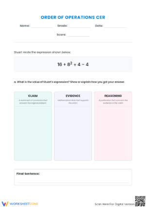 Order of Operations CER Worksheet | Essential Math Aligned