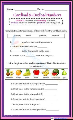 Cardinal and Ordinal Numbers Worksheet