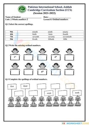 Worksheet on Ordinal Numbers
