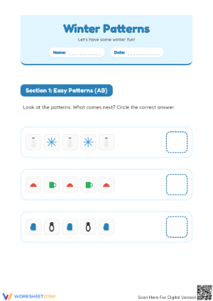 Printable Winter Pattern Worksheet for Grade K-1 Math
