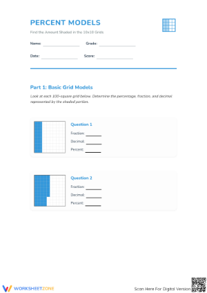 Grade 6 Percent Models — Printable No-Prep Worksheet