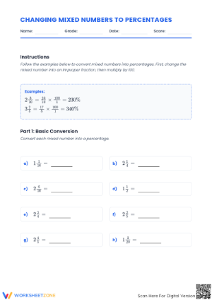 Essential Mixed Numbers to Percentages Grade 6 Worksheet