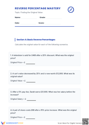 Reverse Percentage Worksheet | Grade 9 Essential Math