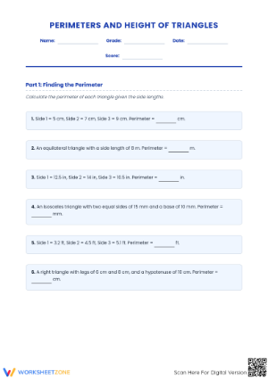 Essential Grade 6 Triangle Perimeter and Height Worksheet