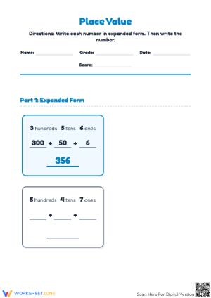 Expanded Form Math Worksheet | Grade 2-4 Printable