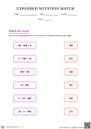 Printable Expanded Notation Match Worksheet | Grade 2 Math