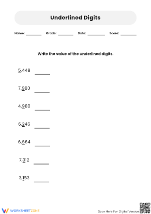 Essential Place Value Worksheet: Value of Underlined Digits